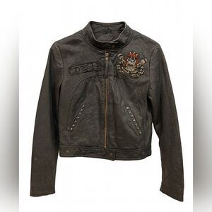 Ed Hardy Leather Moto Jacket World Tour Skull Studded Biker — Rare M